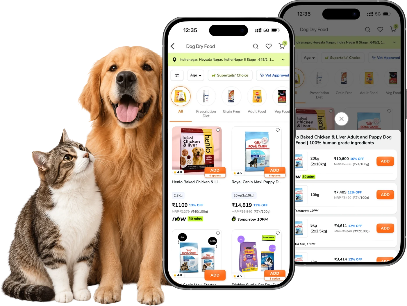 A dog and a cat beside the redesigned Supertails product card