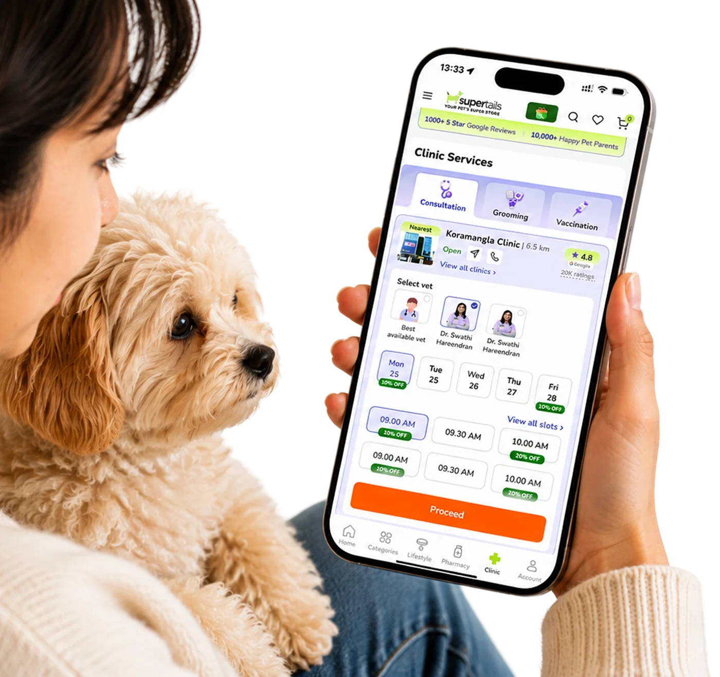 The redesigned Supertails+ clinic booking screens